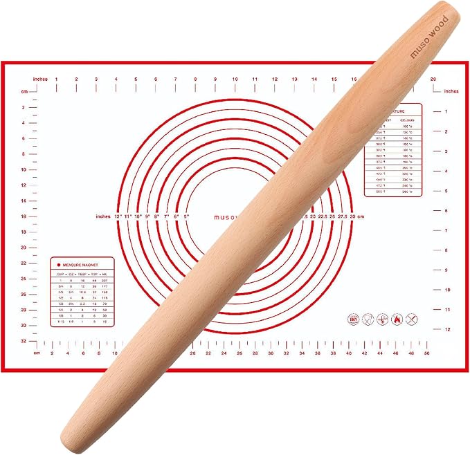 Muso Wood French Rolling Pin and Silicone Baking Mat Set, 15.75 Inch Beech Wood Tapered Rolling Pin for Fondant Pie Crust Cookie Pastry