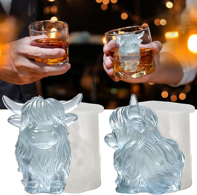3D Highland Cow Ice Cube Silicone Molds Tray for Whiskey, Cocktail, Drink, Bar; Rich Details. Fun Animal Mold for DIY Taba Squishy Chocolate Soap Candle Resin Gift for Women Girls Boys; 2 Pack