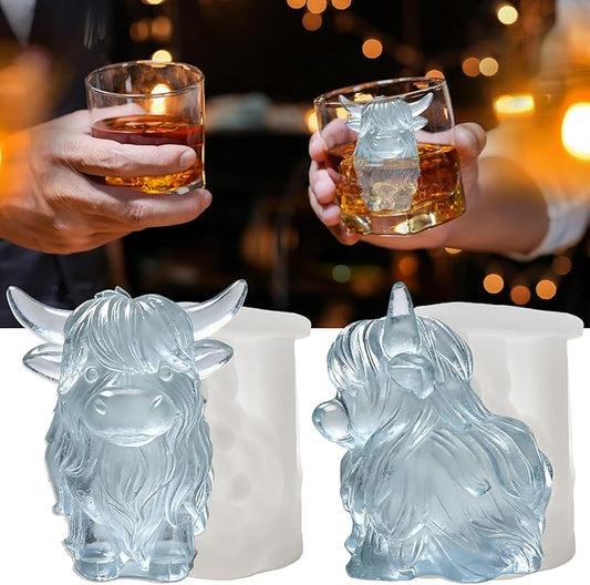 3D Highland Cow Ice Cube Silicone Molds Tray for Whiskey, Cocktail, Drink, Bar; Rich Details. Fun Animal Mold for DIY Taba Squishy Chocolate Soap Candle Resin Gift for Women Girls Boys; 2 Pack