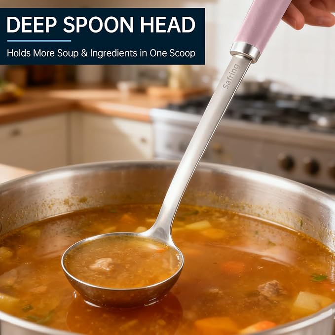 Safring Stainless Steel Soup Ladle and Spaghetti Spoon Set, Heat Resistant Rubber Handle, Dishwasher Safe, Kitchen Utensils for Cooking, Stirring, Serving Pasta, Soup & Sauce (Pink)