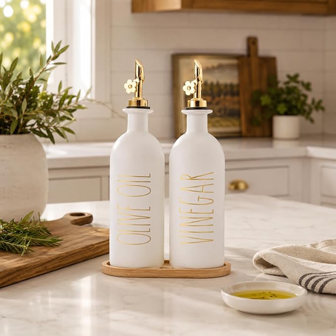 HOMCDALY 16oz Olive Oil Dispenser Bottles for Kitchen, Gold Oil&Vinegar Dispenser Set, Glass Oil Dispenser for Kitchen with Bamboo Tray | Set of 2 (16oz-P-Gold)