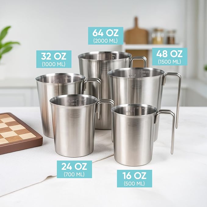 Newness 3-Pack Stainless Steel Measuring Cups Set, Metal Measuring Cup | (3 Marking, Cup/ML/Oz Scale) (2, 3 & 4 Cup) Metal Measuring Cup with Handle For Prepping, Baking and Cooking, Dishwasher