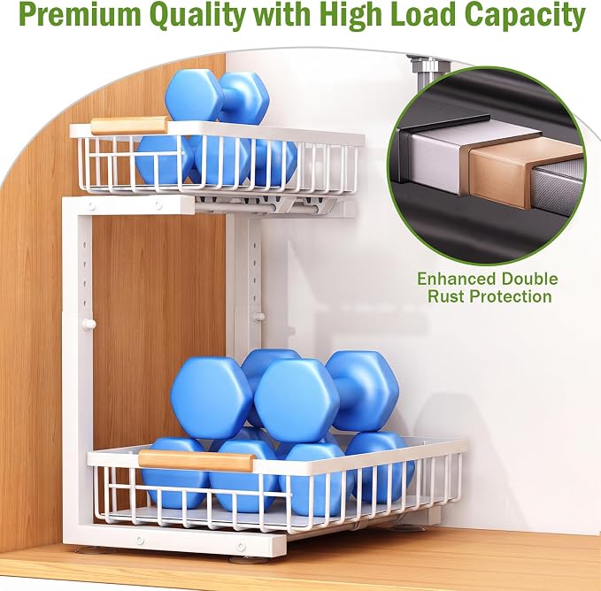 Under Sink Organizer 2 Pack, 11.7"W x 15.9"D x 13.8-16.9"H, White | Pull Out Kitchen Storage Cabinet Organizer, 2-Tier Under Sink Storage Rack for Bathroom Laundry Kitchen Storage with Drawer