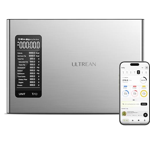 Ultrean Smart Food Kitchen Scale with Nutritional Calculator, APP for Calorie & Macro Tracking, AI Powered, Goal Progress, Digital Calorie Scale for Weight Loss, Stainless Steel, 22lb