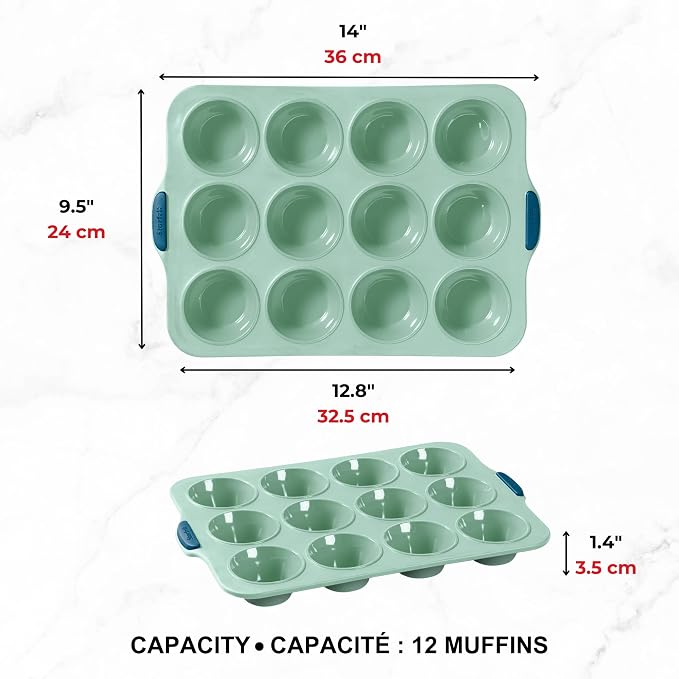 Starfrit Silicone Bakeware 12 Muffin Pan with Integrated Metal Frame - Premium Silicone BPA-Free - Heat Resistant - Ergonomic Handles - Easy Release - Oven & Dishwasher Safe - Green