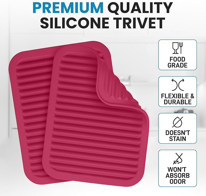 Zulay 2-Pack 9"x12" Silicone Trivets for Hot Pots & Pans – Heat-Resistant, Non-Slip Trivet Mats – Durable, Flexible, Multi-Purpose Hot Pads for Kitchen Counter & Table - Rose Red
