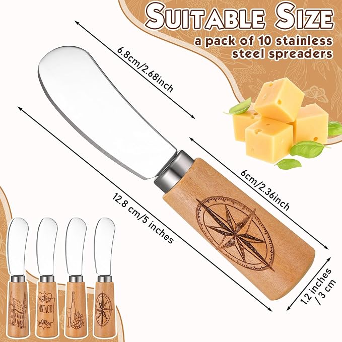 Sieral 10 Pcs Vintage Wine Cheese and Butter Spreader Knives Butter Spreader Knives Multipurpose Rustic Decor with Hand Painted Wooden Handle Stainless Steel Blade