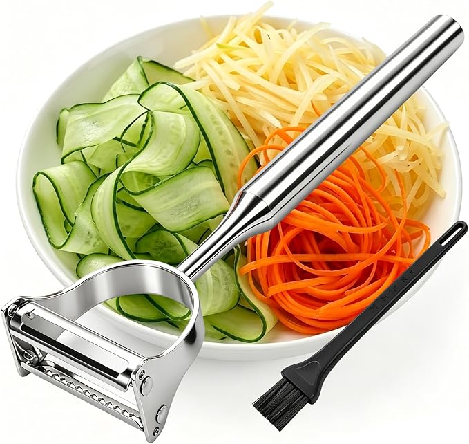2 in 1 Vegetable Peeler, Stainless Steel Julienne Peeler, Multi-Function Design, Straight-edge blades for Peeling, Serrated blades for Julienne, for Potato Carrot Zucchini Cucumber, Kitchen Gift