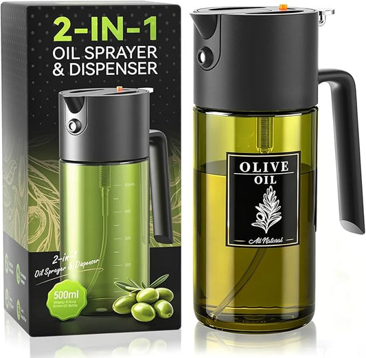 Gelibo 2-IN-1 Oil Sprayer for Cooking, 500ML Light-Blocking Glass Oil Dispenser for Kitchen, Olive Oil Spray Bottle with Leak-Proof,Cooking Spray with Portion Control for BBQ, Air Fryer, Salad - Black