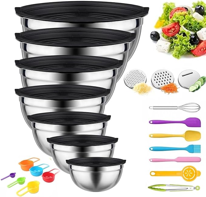 Mixing Bowls with Lids Set, Stainless Steel (Black-7 Sizes) | 3 Grater Attachments, Nesting, Dishwasher Safe, for Cooking, Baking and Serving , 7 Sizes (0.7-4.5QT)