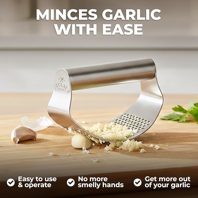 Zulay Kitchen Stainless Steel Garlic Press Rocker Set - Time Saving, Durable Strong Garlic Mincer Tool - Easy to Use & Clean Garlic Crusher Set with Peeler and Scraper Kitchen Gadget Smasher