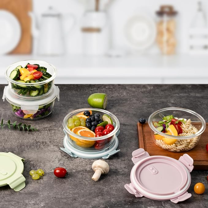 2.5 Cup/20oz Glass Meal Prep Food Storage Containers with lids Set, 4 Pack | Airtight Leakproof丨Borosilicate Glass丨Food Grade丨Heat-Resistant丨BPA-Free丨Oven Microwave Dishwasher Freezer Safe丨Round