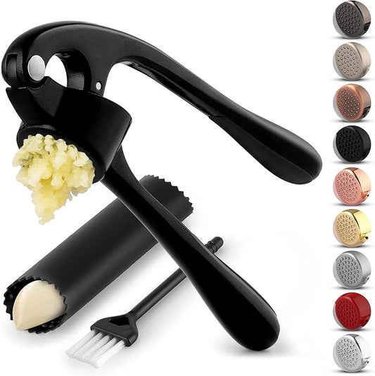 Zulay Kitchen Premium Garlic Press Set - Rust Proof Professional Garlic Mincer Tool - Easy-Squeeze, Easy-Clean with Soft, Ergonomic Handle - Silicone Garlic Peeler & Brush (Black)