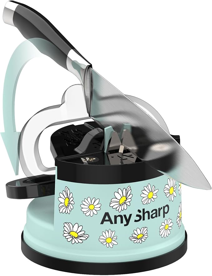 AnySharp – Editions – Hands Free Knife Sharpener - Easy to Use Sharpening Tool with PowerGrip Suction Base and 20-Degree Pre-Set Angle - for All Knives: Chef's, Serrated, and Hardened Steel - Daisy