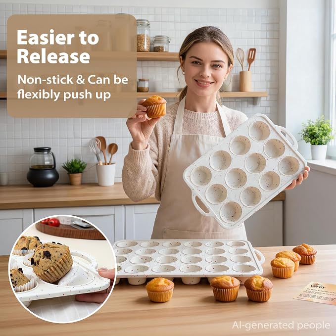 Silicone Muffin Pan Set: Non Stick 12 & 24 Silicone Muffin Pans for Baking Easy Release - Complete Shaping Each Use Avoid Re‑baking - BPA-free Cupcake Tin Reinforced Frame for Oven Home Bakers