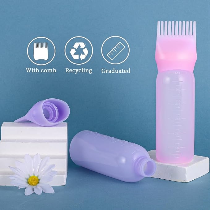 Pimoys 6Oz Root Comb Hair Dye Oil Applicator Bottles for Scalp, Pink | Plastic Squeeze Bottle Dispenser with Graduated Scale, Comb Tip Applicator For Hair Coloring Scalp Oiling, Home Salon Use