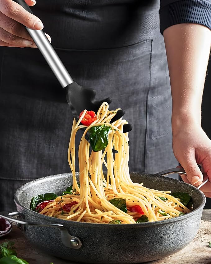 Spaghetti Spoon and Pasta Tong, Non-stick Silicone Spoon Server Fork with teeth and Stainless Steel Handle Spaghetti Tong, Food Clip for Spaghetti Noodle (BLACK)