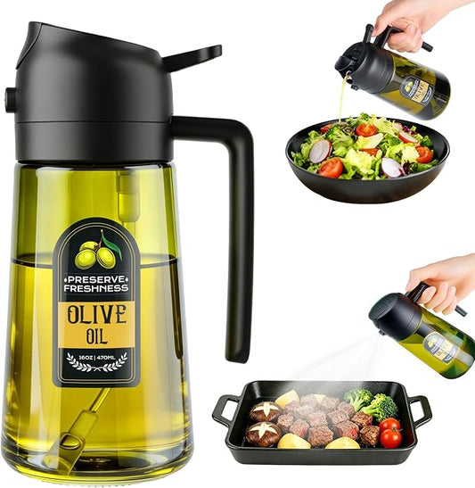 2 in 1 Olive Oil Sprayer for Cooking, 16 Oz Olive Oil Dispenser Bottle for Kitchen, Fits Air Fryers, Salads, BBQ & More