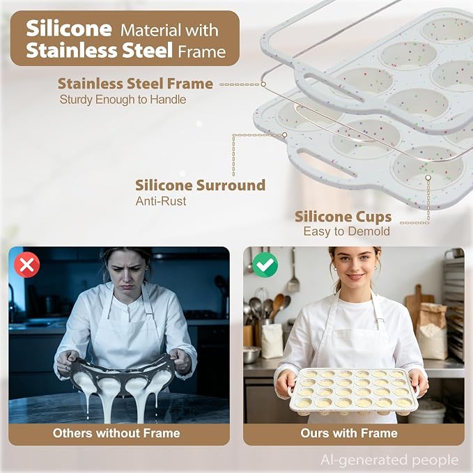 Silicone Muffin Pan Set: Non Stick 12 & 24 Silicone Muffin Pans for Baking Easy Release - Complete Shaping Each Use Avoid Re‑baking - BPA-free Cupcake Tin Reinforced Frame for Oven Home Bakers