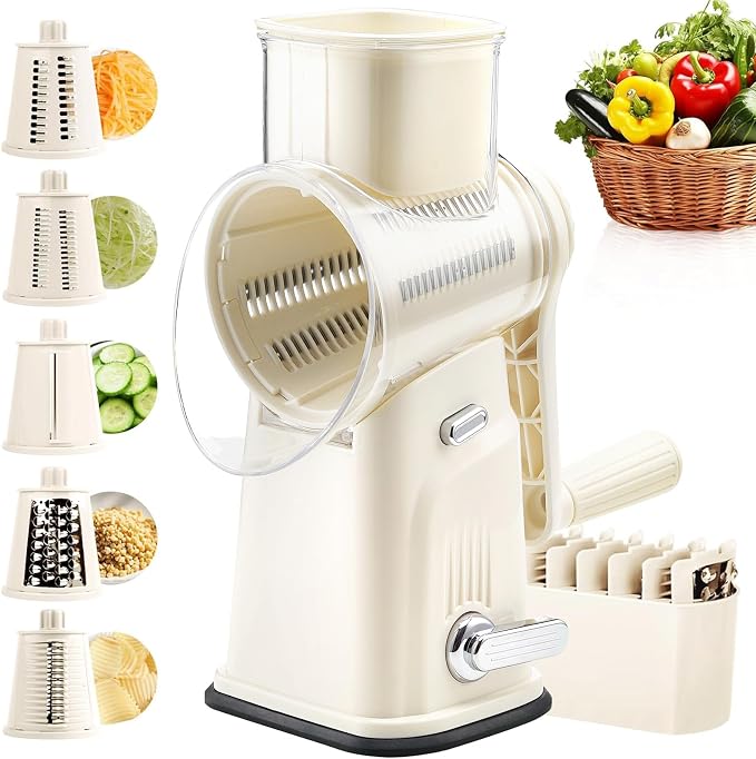 Rotary Cheese Grater with Handle, Vegetable Shredder with 5 Replaceable Blades & Strong Suction Base, Round Food Slicer & Chopper for Kitchen Fruit Vegetables Nuts with Blade Storage Box (Beige)