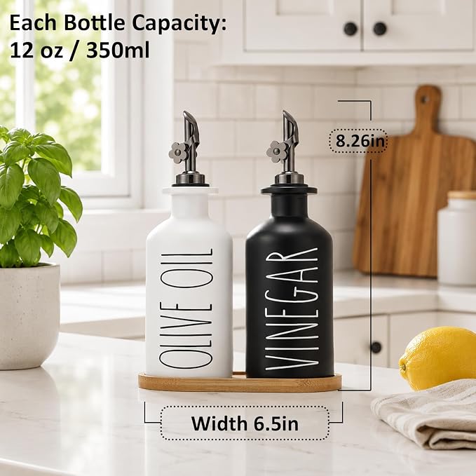 HOMCDALY Premium Olive Oil Dispenser for Kitchen, 11.8oz Glass Oil Bottles with Bamboo Tray, Oil&Vinegar Cruet Set, Kitchen Dispenser Bottles with Pourer | Set of 2 (11.8oz –P–Black&White)