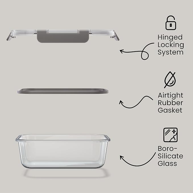 Bakken Borosilicate Glass Food Storage Containers with Lids 24 Pieces, BPA-Free Stackable Lunch & Leftover Containers, Microwave, Freezer & Dishwasher Safe, 100% Airtight Leak-Proof, Gray