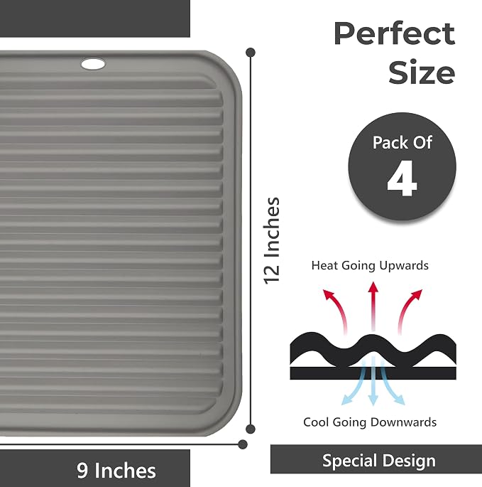 Silicone Trivets for Hot Dishes, Pots, Pans (4 Pack) - Heat-Resistant Pot Holders for Kitchen Countertop Mats - Silicone Trivet Mat (9 x 12 Inch) - Multipurpose Counter Pads (Grey)
