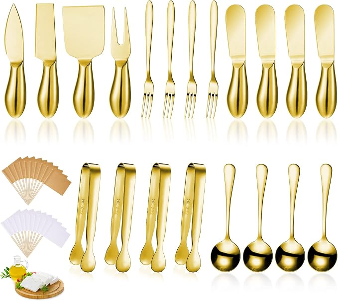 Patelai Charcuterie Board Accessories Cheese Spreader Knife Set Charcuterie Utensils Butter Knife Stainless Steel Mini Serving Tongs Spoons Appetizer Forks for Pastry(Golden,20 Pieces)