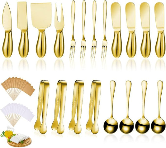 Patelai Charcuterie Board Accessories Cheese Spreader Knife Set Charcuterie Utensils Butter Knife Stainless Steel Mini Serving Tongs Spoons Appetizer Forks for Pastry(Golden,20 Pieces)