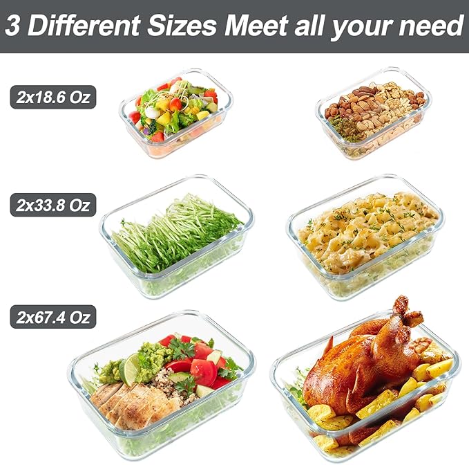 M MCIRCO 6 Pack Extra Large Glass Food Storage Containers with Lids | 67.4oz(8.3 cup), 33.8oz(4.2 cup)& 18.6oz(2.1 cup) Storage Containers, Microwave, Oven, Freezer, Dishwasher Friendly, BPA Free