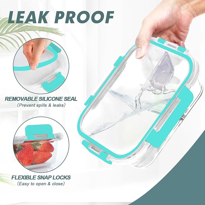 Glass Meal Prep Containers 3 Compartments, 5 Pack 36 oz, Green | Glass Food Storage Containers with Lids, Airtight Lunch Bento Box, Portion Control, Freezer and Microwave Safe