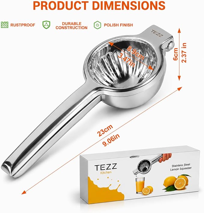 Upgrated Lemon Squeezer, Stainless Steel Manual Hand Juicer For Citrus Lime | Extra Large Heavy Duty Squeezer Makes Juicing Lemons, Limes & Oranges Fast & Easy