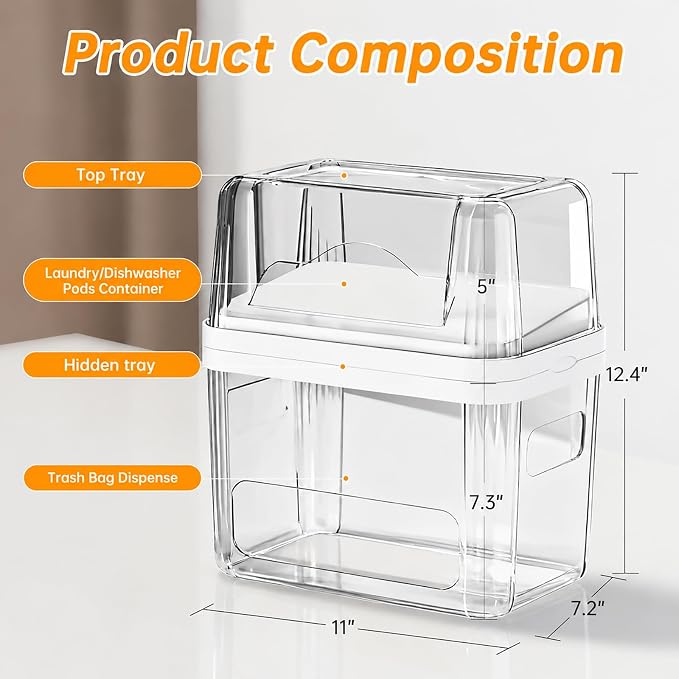 2-in-1 Trash Bag Holder Laundry & Dishwasher Pods Container,Garbage Bag Dispenser with Removable Lids,Kitchen Organizer and Under Sink Storage Box