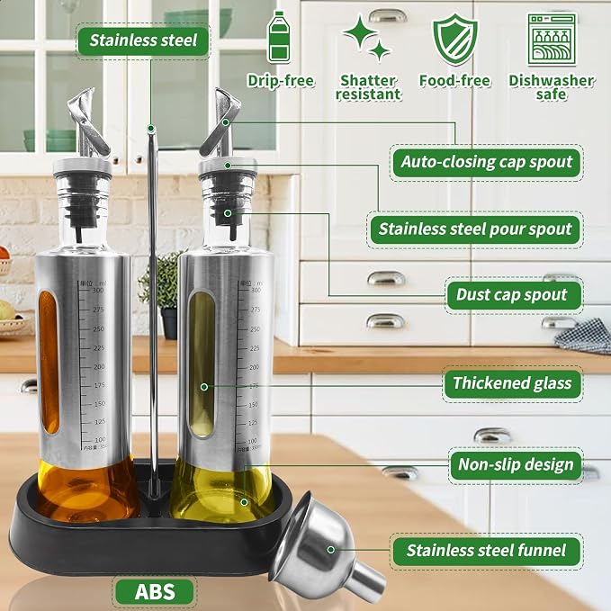 10oz/300 ml Oil and Vinegar Dispenser Set with Tray, 2 Pack Oil Dispenser | Vinegar and Sauce Bottle Wrapped in Stainless Steel Shell with Pourer and Funnel for Kitchen Cooking