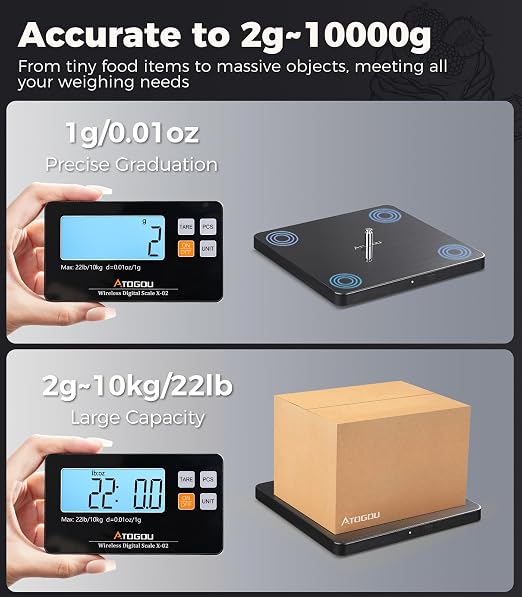 Atogou Wireless Kitchen Scale, 22lb/10kg Food Scale with Detachable Display | 0.01oz/1g Precision, Larger Platform, 9 Units, Counting Function, Stainless Steel, for Cooking, Baking, Shipping, Black