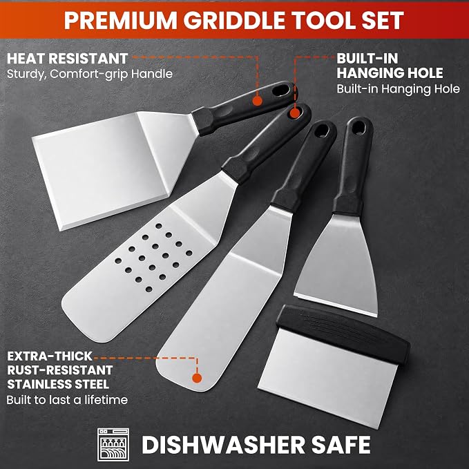 9PCS Griddle Accessories Kit, Flat Top Grill Accessories Set for Blackstone and Camp Chef, Grill Spatula Set with Enlarged Spatulas, Scraper - Outdoor Barbecue Tools Gifts for Men Dad Him