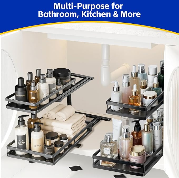 2-Tier Metal L-Shaped Pull-Out Under Sink Organizer, Black, 1 Pack | 1 complete set; ball-bearing slides; 6-level height; no-drill setup