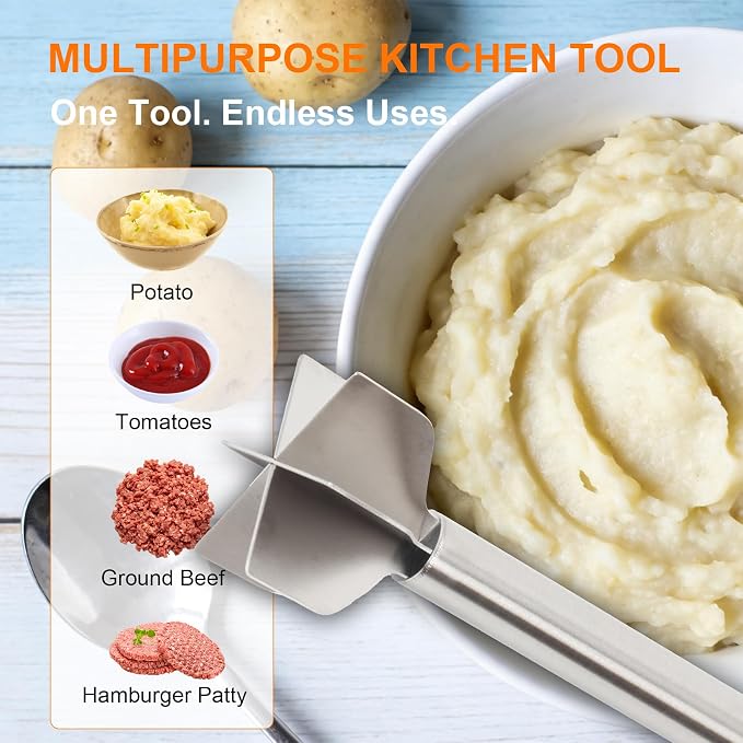 Meat Masher, Stainless Steel 6 Blade Ground Beef Chopper Tool with Long Handle, Masher Shredder for Potato Hamburger Vegetable Puree, Dishwasher Safe