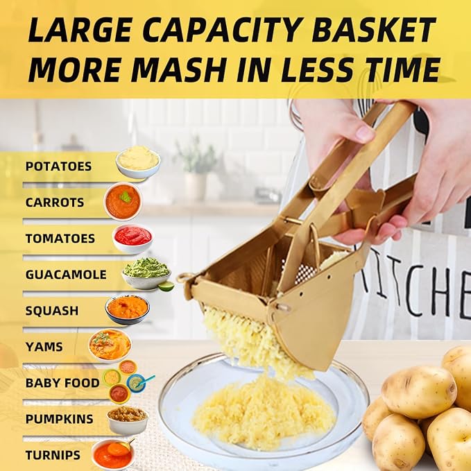 QRU Large Potato Ricer, Heavy Duty Stainless Steel Potato Masher for Commercial and Home Use, Fruit Press Baby Food Masher (Gold)