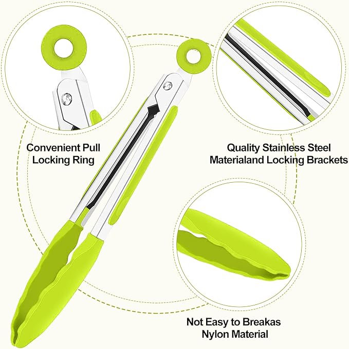 7Pack Kitchen Tongs,7 Inch Small Silicone Tongs with Stainless Steel Silicon Handles and Nylon Tips,Heat Resistant Non-Stick Cooking Tongs,Mini Locking Food Tongs for Cooking Salad Grilling