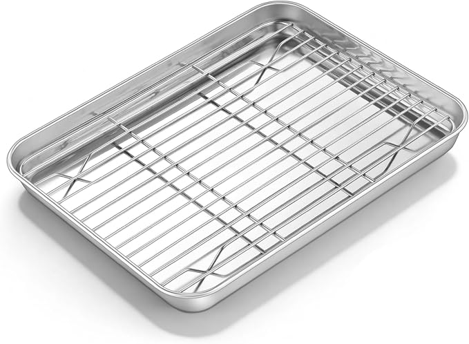Homikit Small Baking Sheet with Wire Rack for Toaster Oven (1 Pan+1 Rack) | 10.4x8 Inch Stainless Steel Baking Pan with Rack Set, Metal Cookie Sheets Rust Free, Nonstick Bacon Tray Dishwasher Safe