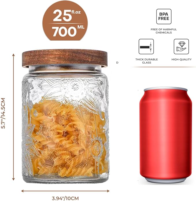 Adodeen Glass Storage Containers With Lids, Glass Jars With Lids, 24OZ | Airtight Glass Food Storage Containers, Kitchen Canisters For Sugar, Coffee, Tea, Spice, Flour, Candy, Pasta, Cereal