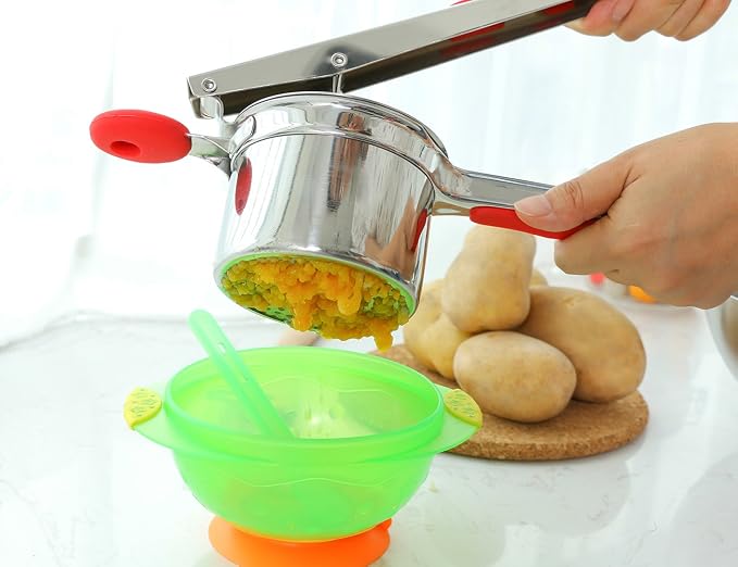 Rorence Stainless Steel Potato Ricer: 15 Oz Potato Masher with 3 Interchangeable Discs & Inner Cup & Silicone Grip Handles - Red