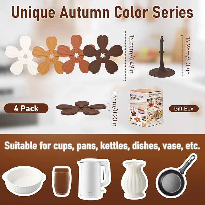 Silicone Trivet Tree Set Hot Pads, Vynusio Trivets for Hot Dishes 4 Pack +1 Stand, Collapsible Treetrivet Cup Pans Hot Pot Dish Holders for Kitchen Table Countertop Office Desk, Fall Color