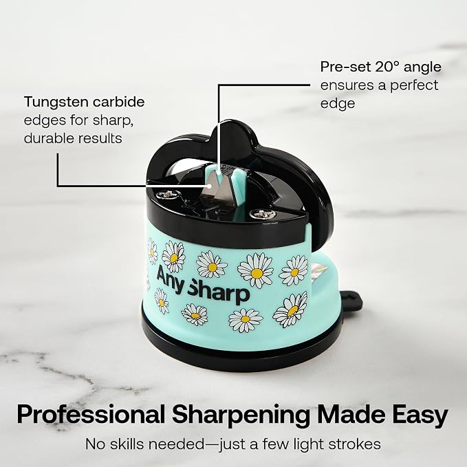 AnySharp – Editions – Hands Free Knife Sharpener - Easy to Use Sharpening Tool with PowerGrip Suction Base and 20-Degree Pre-Set Angle - for All Knives: Chef's, Serrated, and Hardened Steel - Daisy