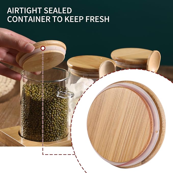 Glass Spice Storage Container with Spoon, 3PCS 20oz Airtight Sealed Condiment Jar with Tray, Kitchen Pantry Seasoning Canister Set for Salt Coffee Sugar Tea & Bathroom Cotton Swab Ball