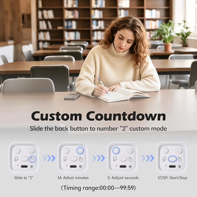 Pomodoro Timer Cube, Productivity Visual Timer Flip, 5/10/30/60 Min Preset Custom Countdown, ADHD Tool Rotating Countdown Stopwatch, Vibrate/High/Low Volume, for Study, Work, Game, Kitchen-White