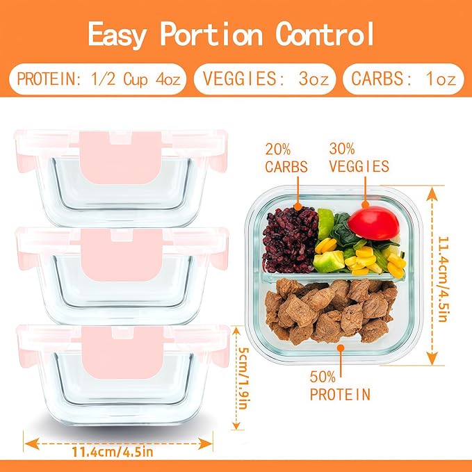 3 Pack Bariatric Meal Prep Containers, 8oz Glass Snack Containers | Glass Bariatric Portion Control Containers with Two 4 oz Compartments, Reusable Lunch Box Bento Box with Lids,Pink