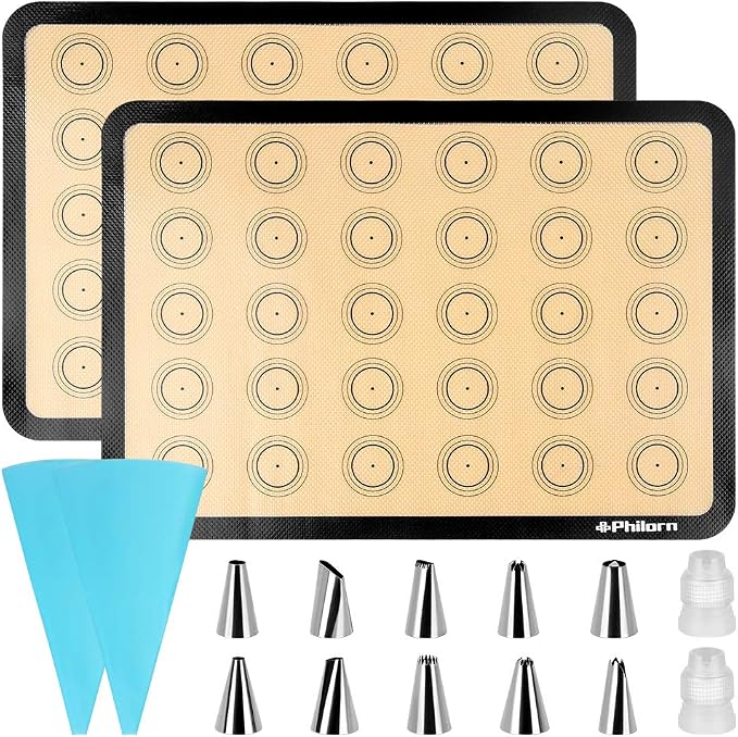 Philorn Silicone Baking Mat Set, 16.5" x 11.42" Macaron Mat | 2 Pack Non-Stick Macaron Baking Mats With Tools, Food Safe, Reusable for Oven, Cookie, Bread