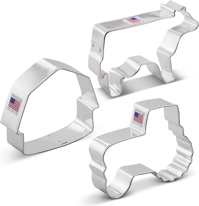 Ann Clark 3-Pc. Country Farm Cookie Cutter Set, Made in USA, Barn, Large Cow, Large Tractor
